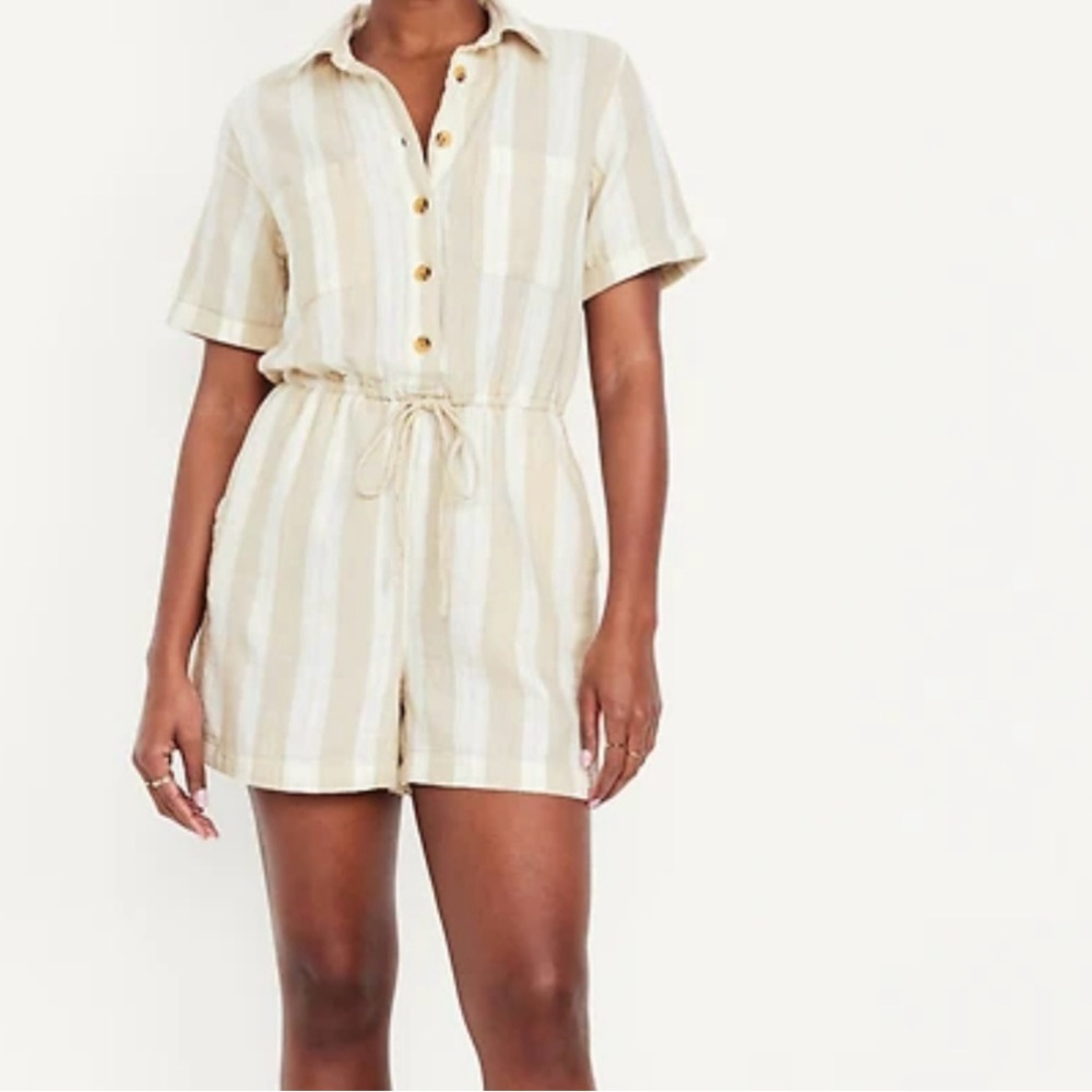 Old Navy Beige and White Striped Romper